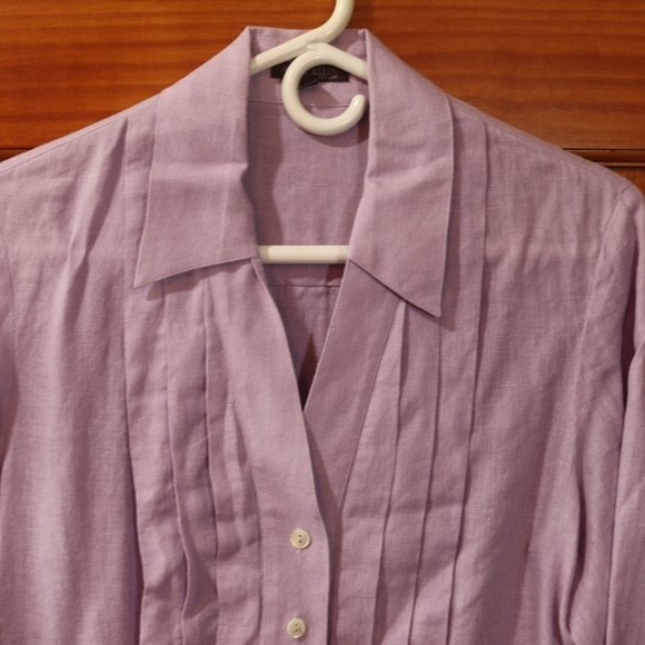 Anne Klein Lavender Button Down Pleated Long Sleeve Feminine Top 100% Linen 10 - Picture 3 of 13